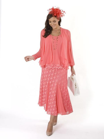 Coral Chiffon Godet Trim Daisy Stretch Lace Skirt