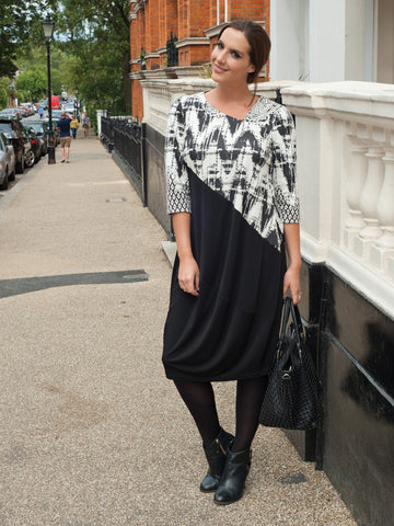 Black/Ivory Print And Plain Mix Jersey Dress