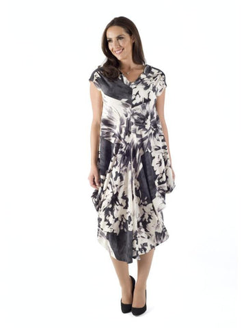 Grey & Ivory Abstract Block Flower Print Drape Dress