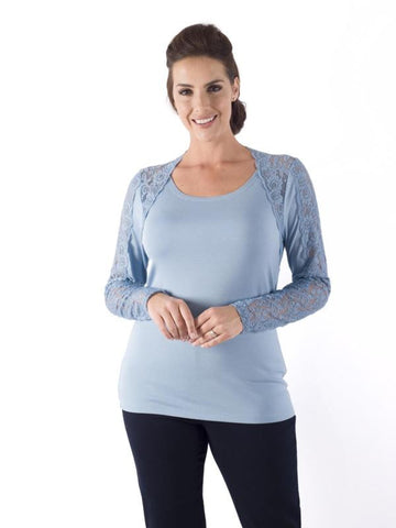 Powder Blue Lace Trim Long Sleeve Jersey Top